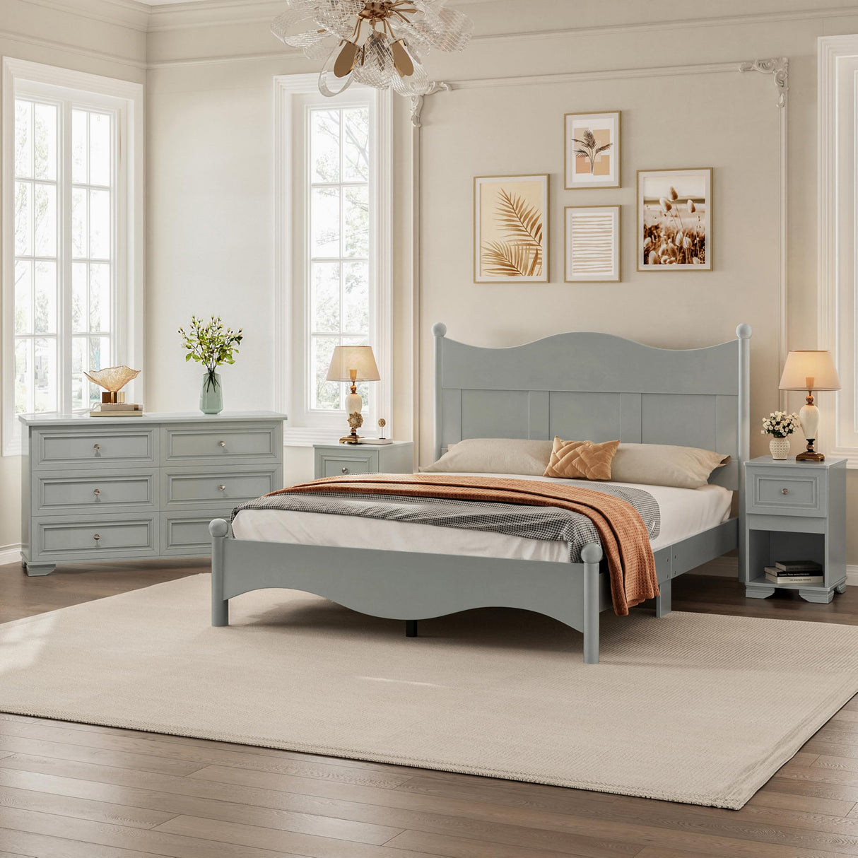 4 Pieces Queen Bedroom Sets, Including Retro Platform Bed Frame