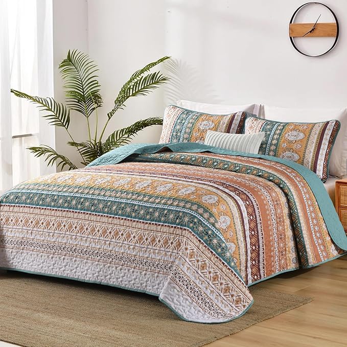 Boho Quilt Set Queen Size,3 Piece Mint Green Bohemian Striped Bedspread Coverlet Set