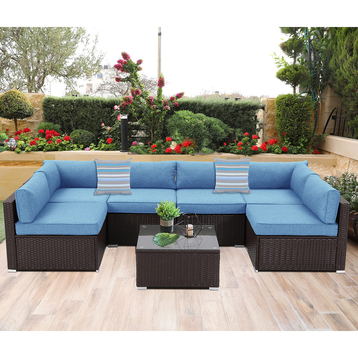Outdoor 7 Pieces Patio Sofa Set, All-Weather Chocolate Brown Wicker Sectional