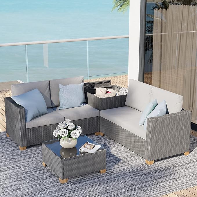 6 Seats Outdoor Conversation Sets with Olefin Cushions, Wicker Modular Sofa Sets with Coffee Table for Backyard Garden Poolside Light Gray