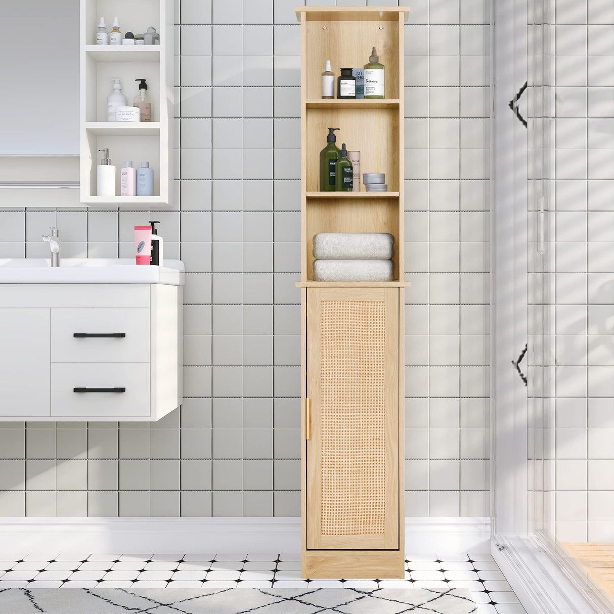 65'' Tall Bathroom Storage Cabinet Organizer Wood Slim Floor Freestanding