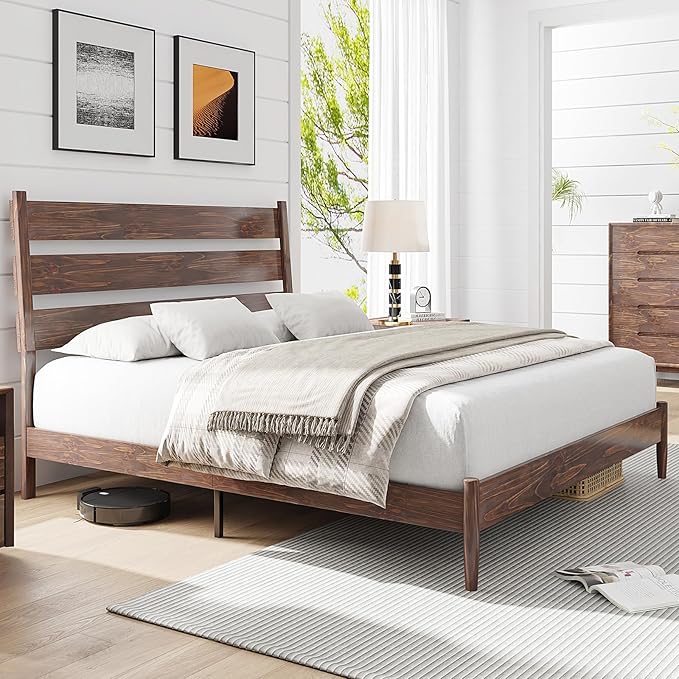Solid Wood Bed Frame with Ergonomic Headboard, Full Size Mid Century Wooden