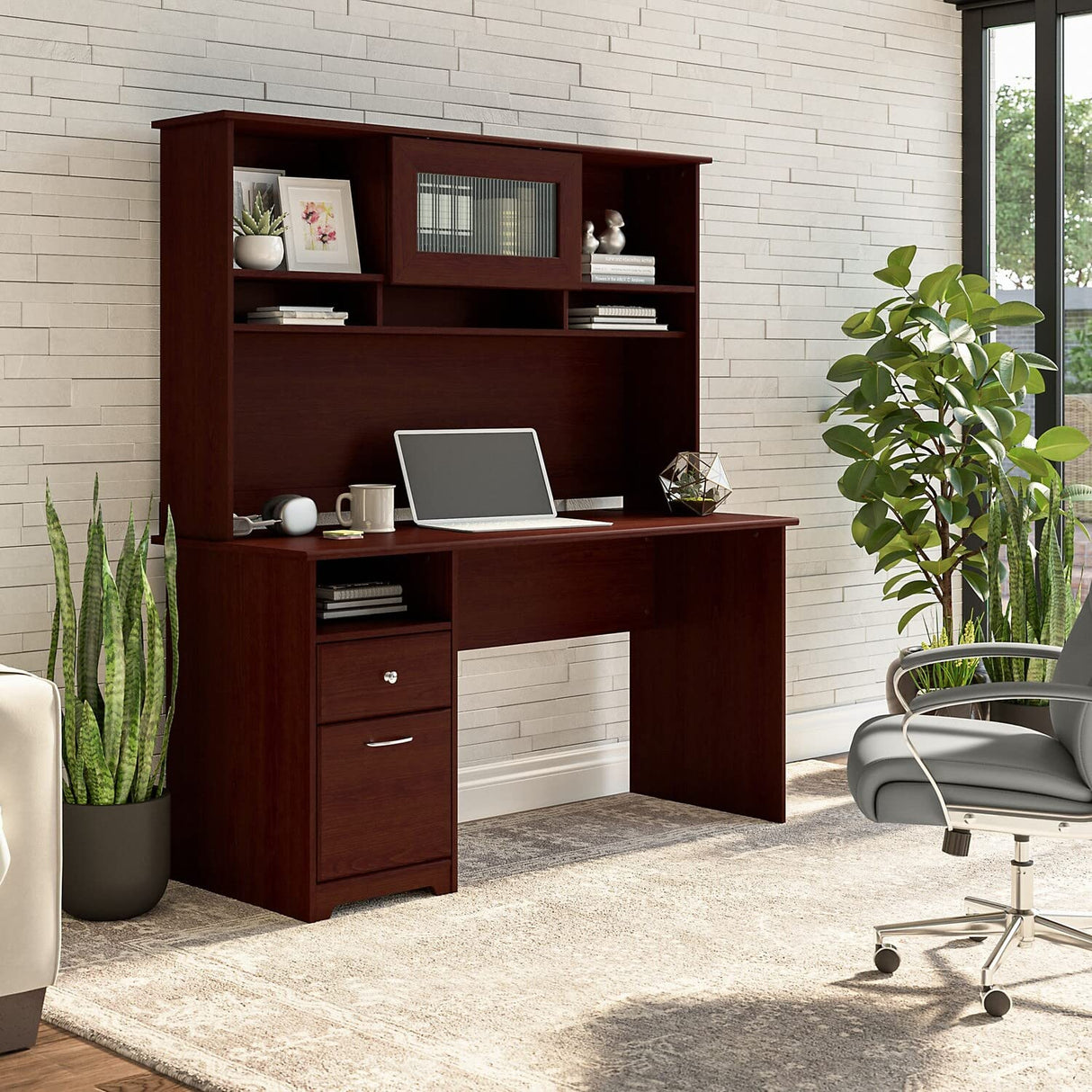 Cabot 60W Computer Desk with Hutch and Drawers in Harvest Cherry