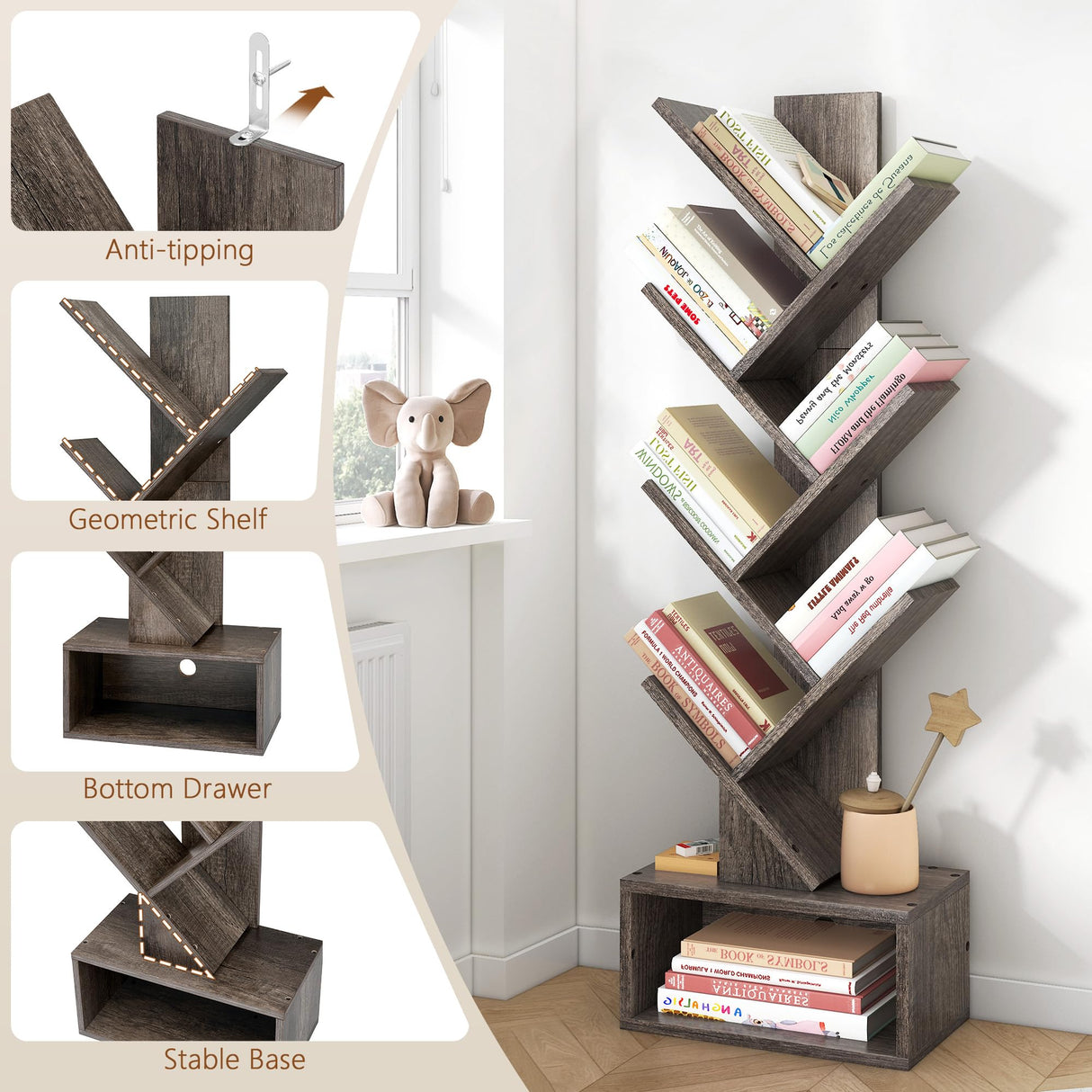 6 Tier Tree Bookshelf, Tall Bookcase with Drawer, Freestanding Book Shelf