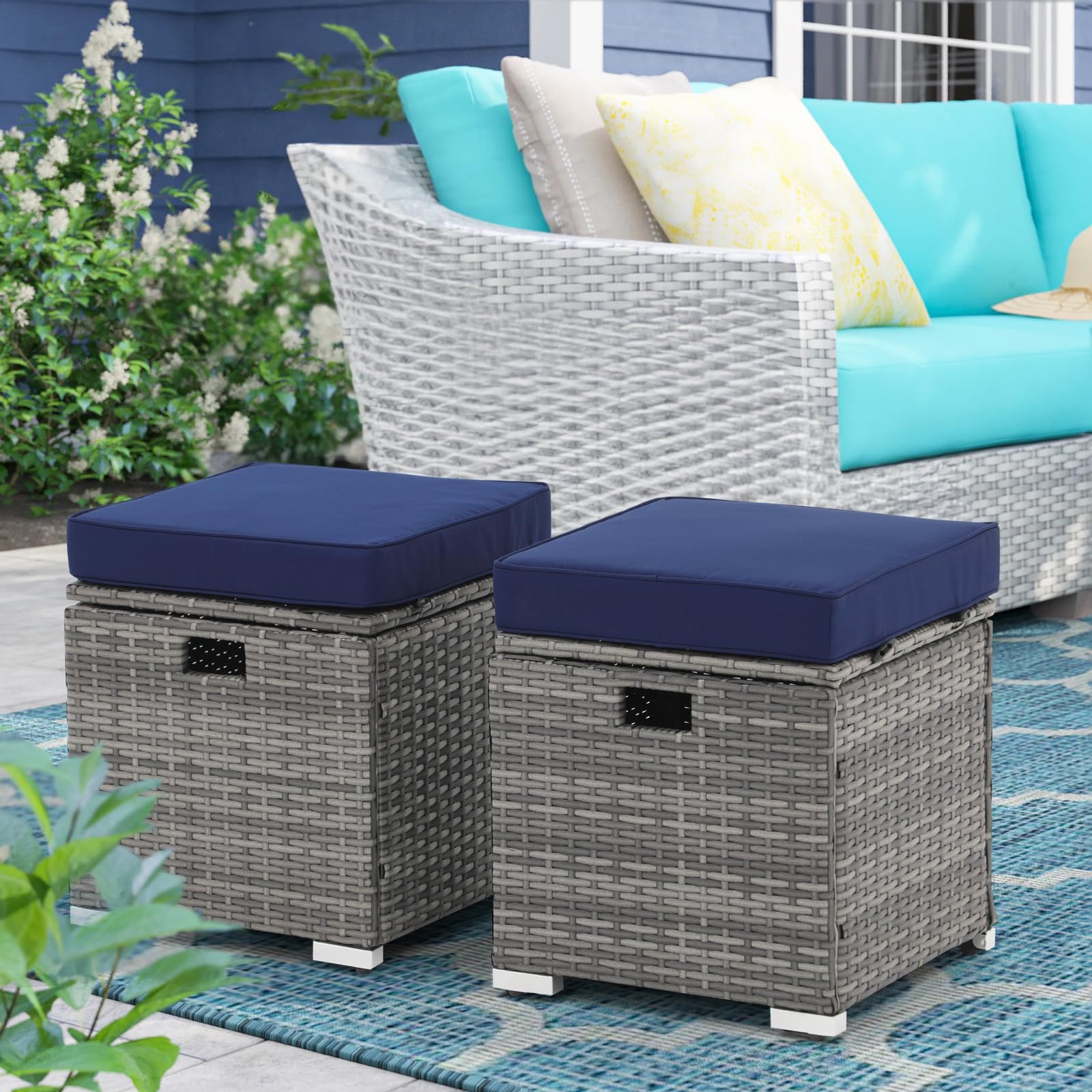 2 Piece Outdoor Patio Ottomans,All-Weather Grey PE Rattan Wicker Ottoman