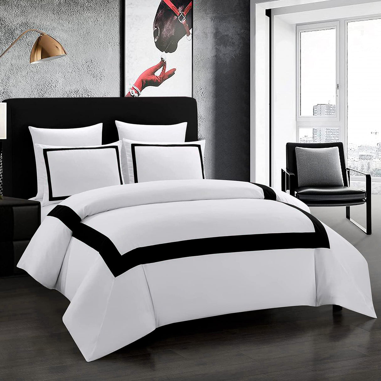 Hotel Duvet Cover Set Queen Size 3Pcs Microfiber Black Line Pattern Bedding