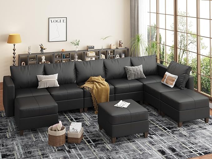 Large Modular Sectional Couch U Shaped Sofa with Storage, Faux Leather Modular Sofa 11 Seat Convertible