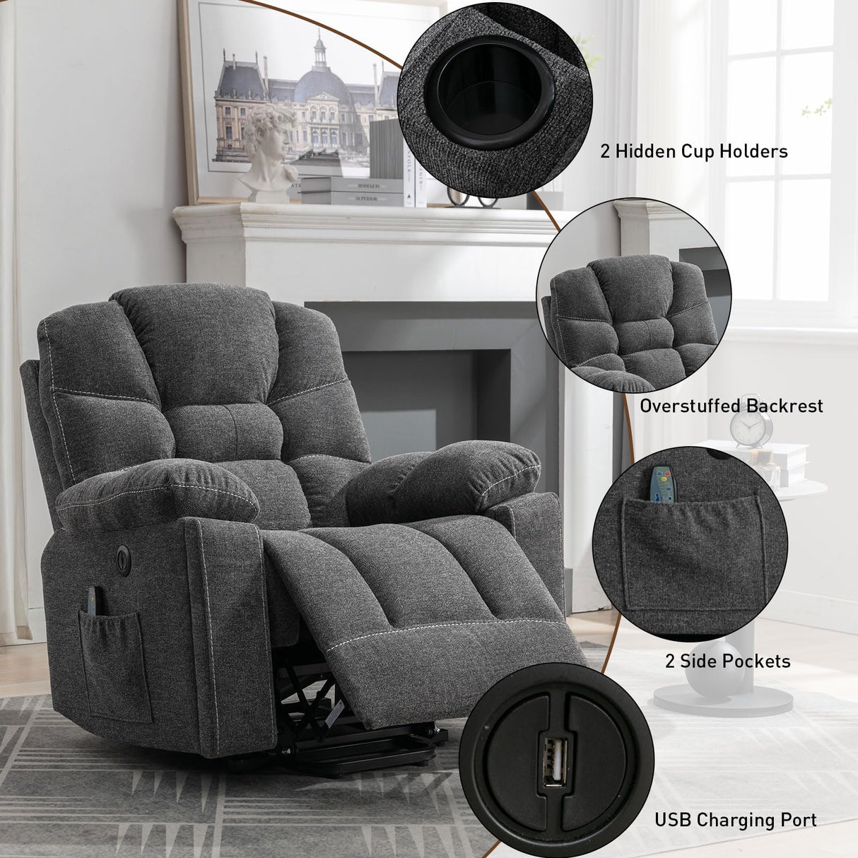Power Lift Recliner Chair with Massage and Heat, Large Comfortable Chenille