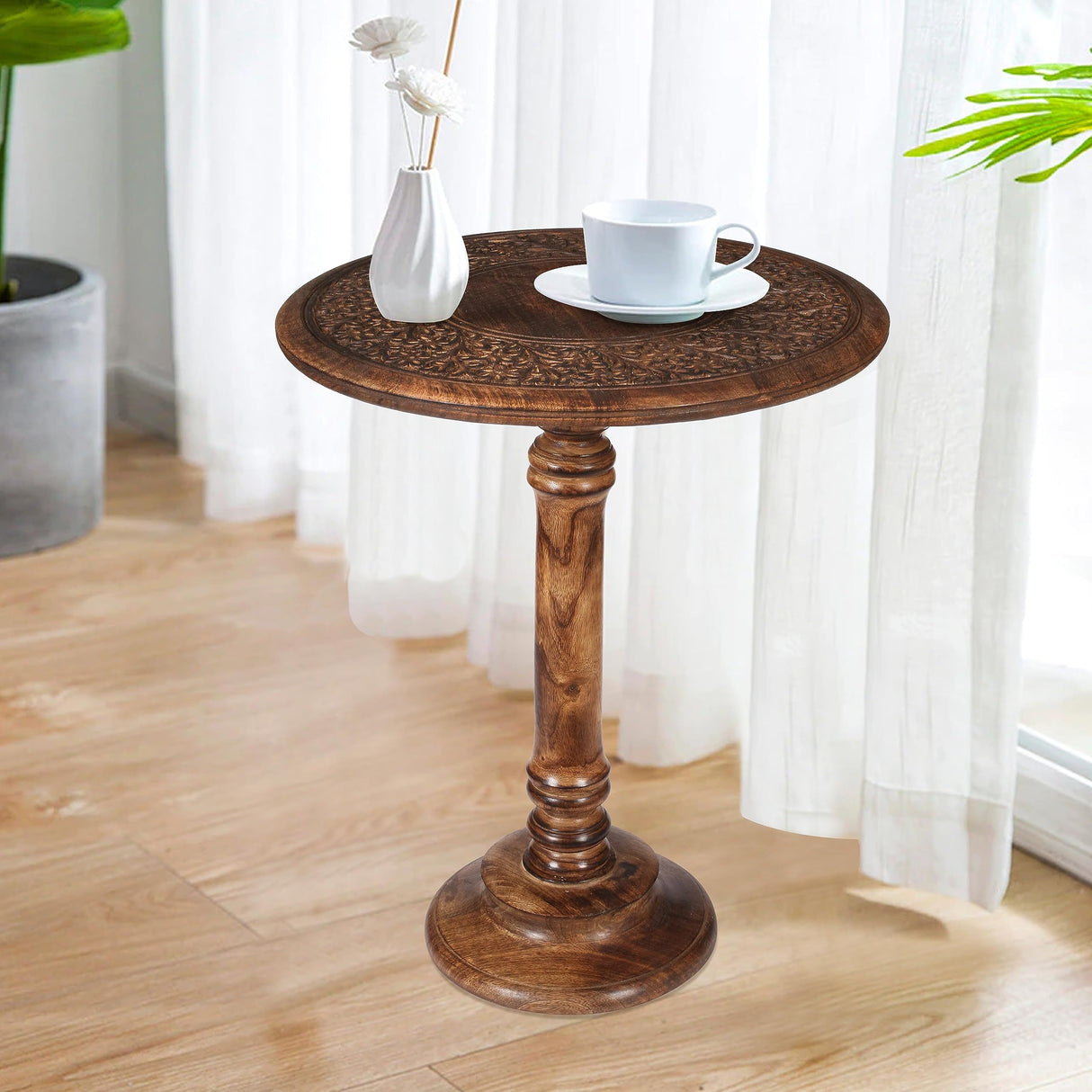 Hand-Carved Wooden Pillar Table - Small Side End Table, Elegant Entry & Living Room