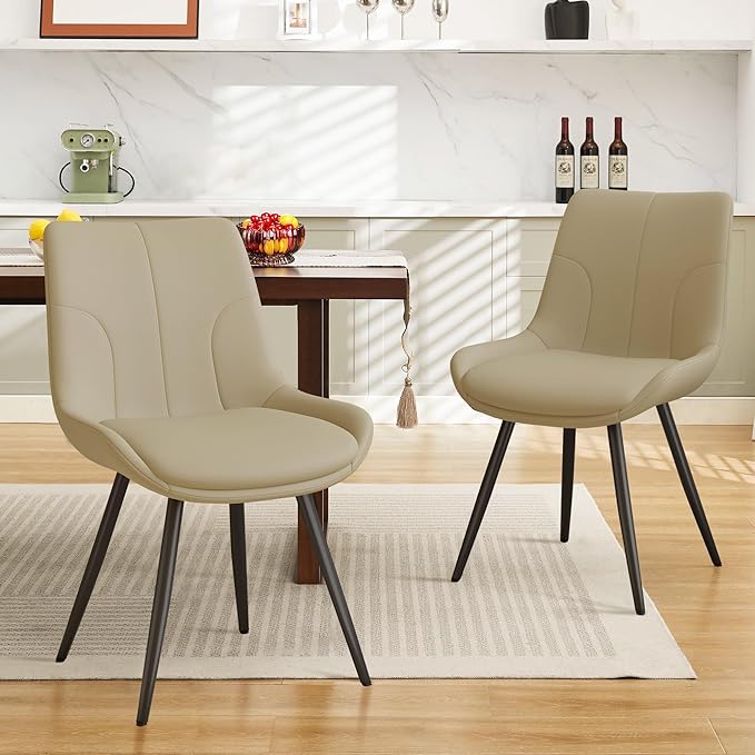 Modern Dining Chairs Set of 2 with Thick PU Leather Cushions and Metal Legs