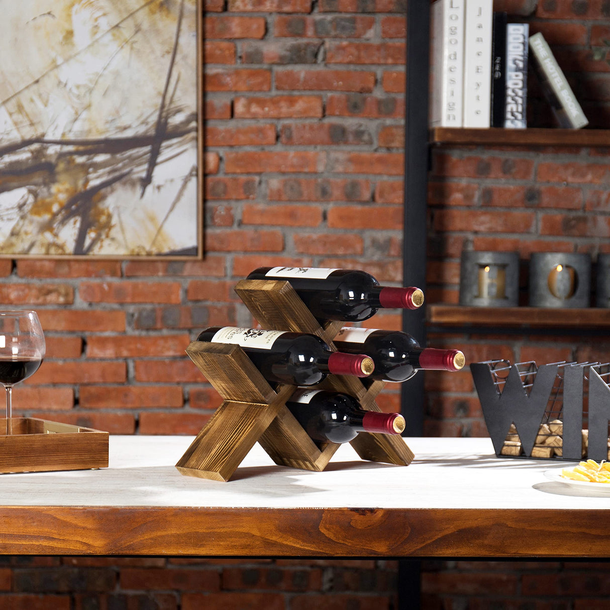 4-Bottle Countertop Rustic Brown Wood Wine Rack