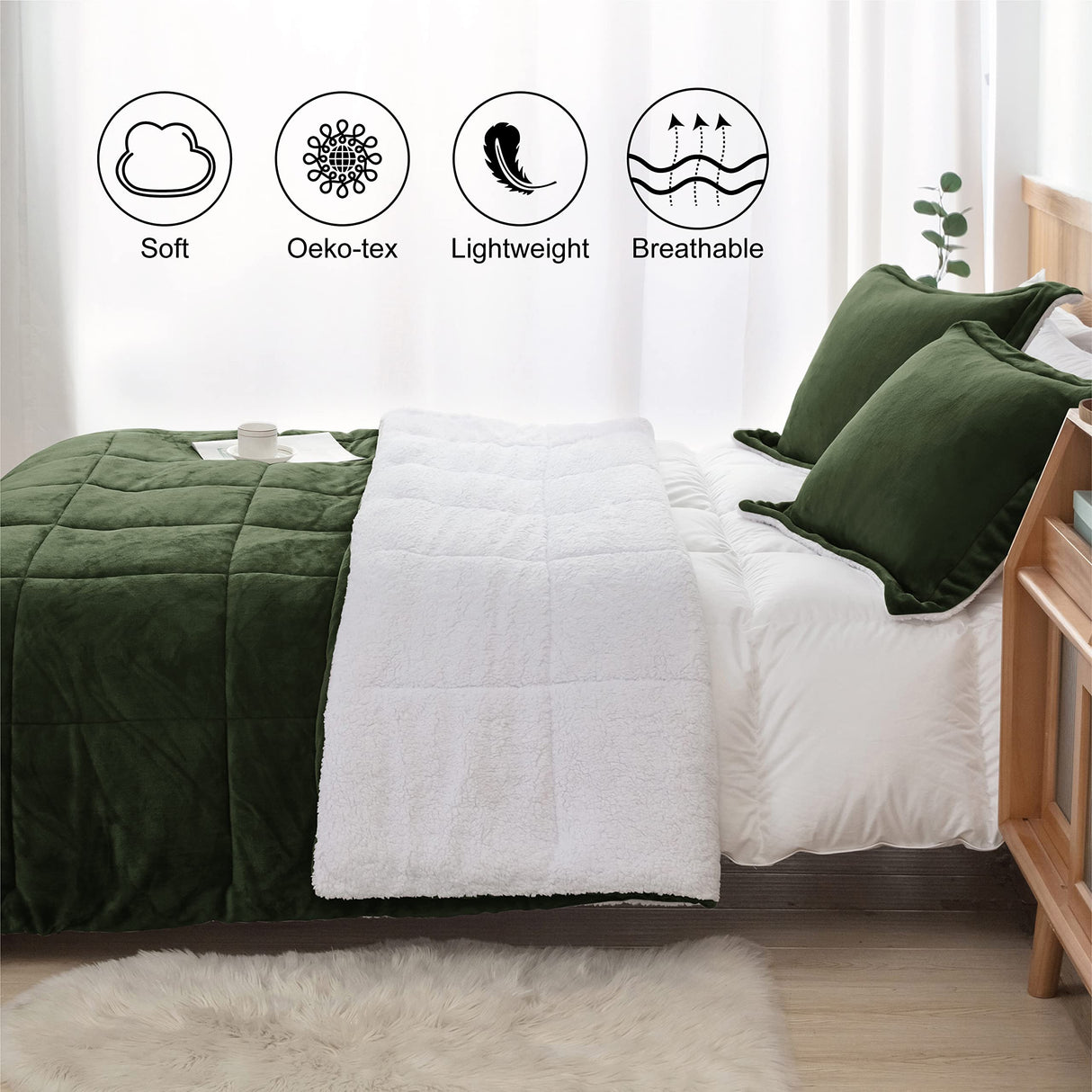 Olive Green Sherpa Comforter Set Full Queen Size, Soft All Season Down Alternative