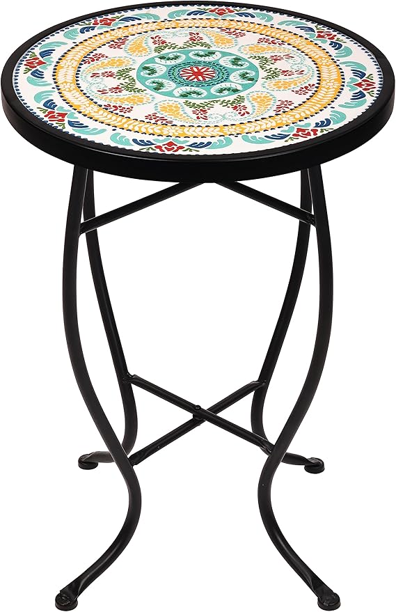 14 Inch Round Side Ceramic Tile Top Indoor and Outdoor Accent Table, Sun