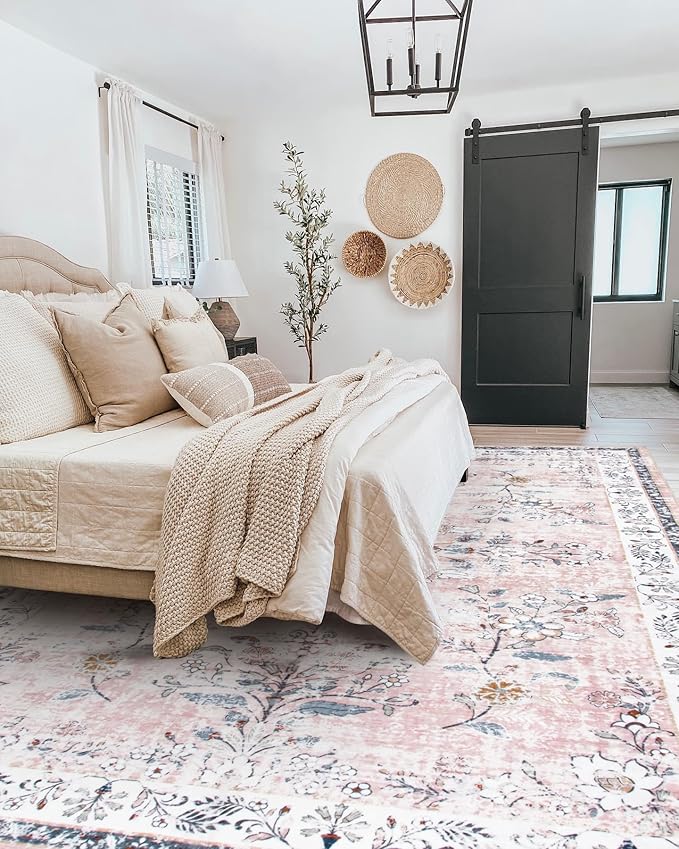 Machine Washable 5x7 Rug, Pink Rugs for Bedroom Girls, Soft Boho Floral Nursery Rug