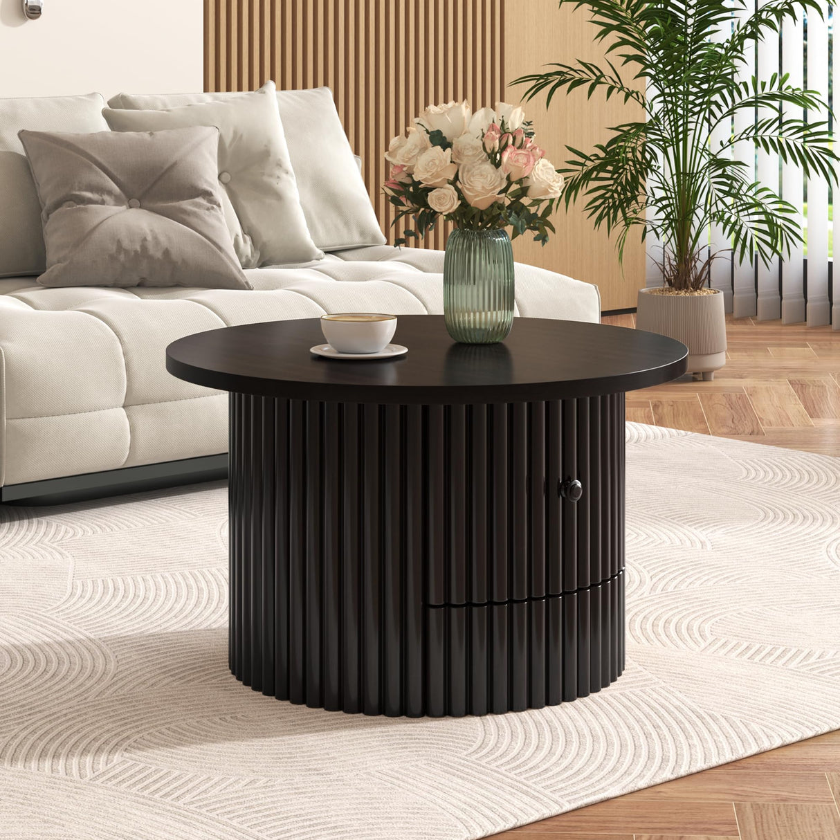 Modern Round Small Coffee Table with 3 Drawers, Farmhouse Wood Center Table