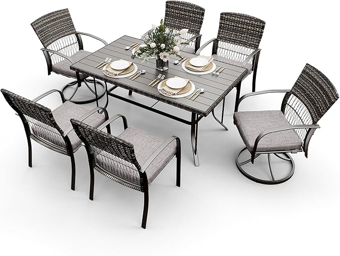 7 Piece Patio Dining Set for 6,Wicker Outdoor Furniture Set for Backyard Garden Deck Poolside