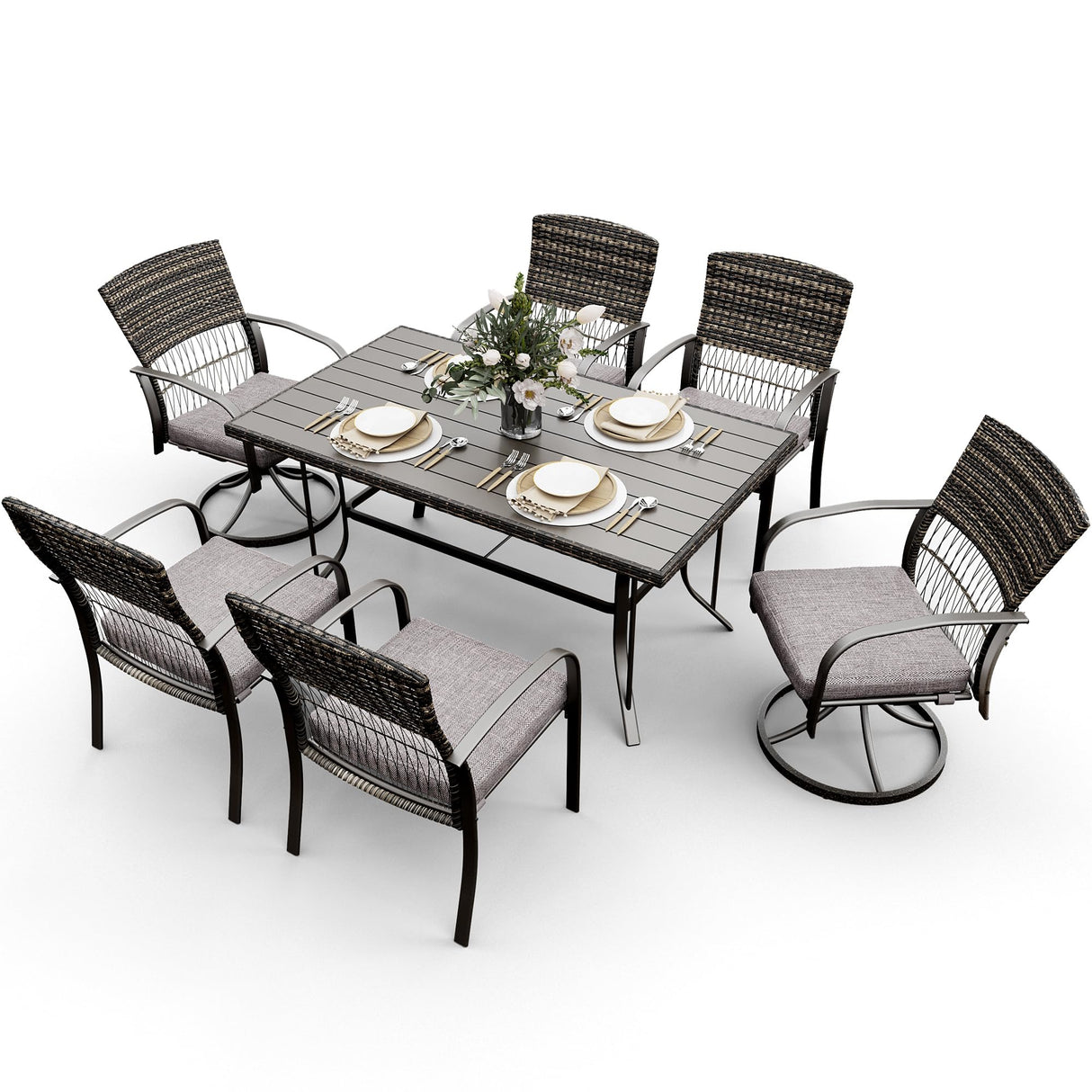 7 Piece Patio Dining Set for 6,Wicker Outdoor Furniture Set for Backyard Garden Deck Poolside