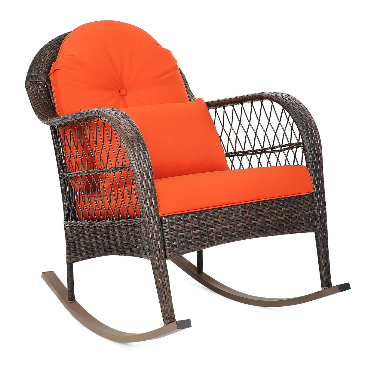 Outdoor Wicker Rocking Chair, All- Weather Rattan Armchair w/Heavy-Duty Steel Frame, Patio Glider Rocker Chair w/Thick Cushions & Lumbar Pillow for Poolside, Garden, Porch, Backyard