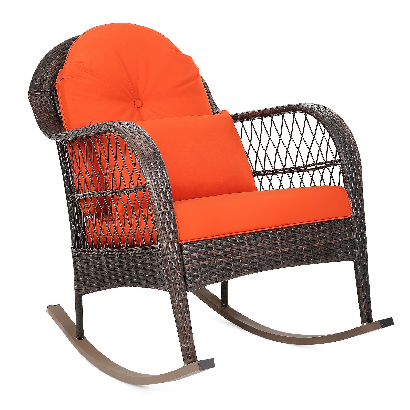 Outdoor Wicker Rocking Chair, All- Weather Rattan Armchair w/Heavy-Duty Steel Frame, Patio Glider Rocker Chair w/Thick Cushions & Lumbar Pillow for Poolside, Garden, Porch, Backyard