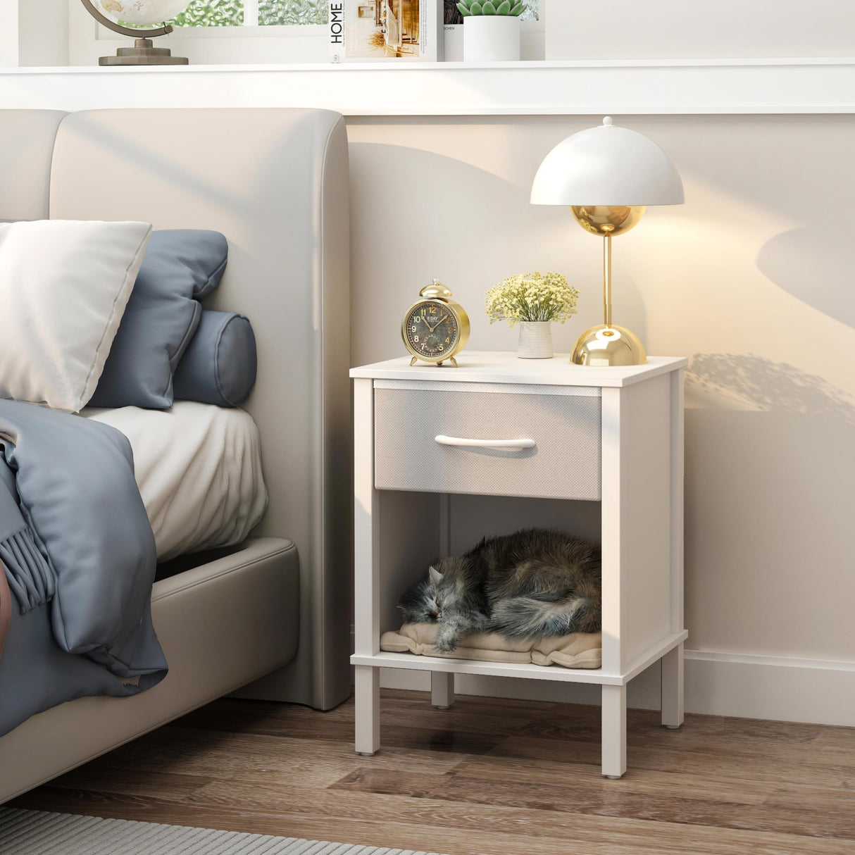 End Table Set of 2, White Nightstand with Fabric Drawer, Bed Side Table,Side Table