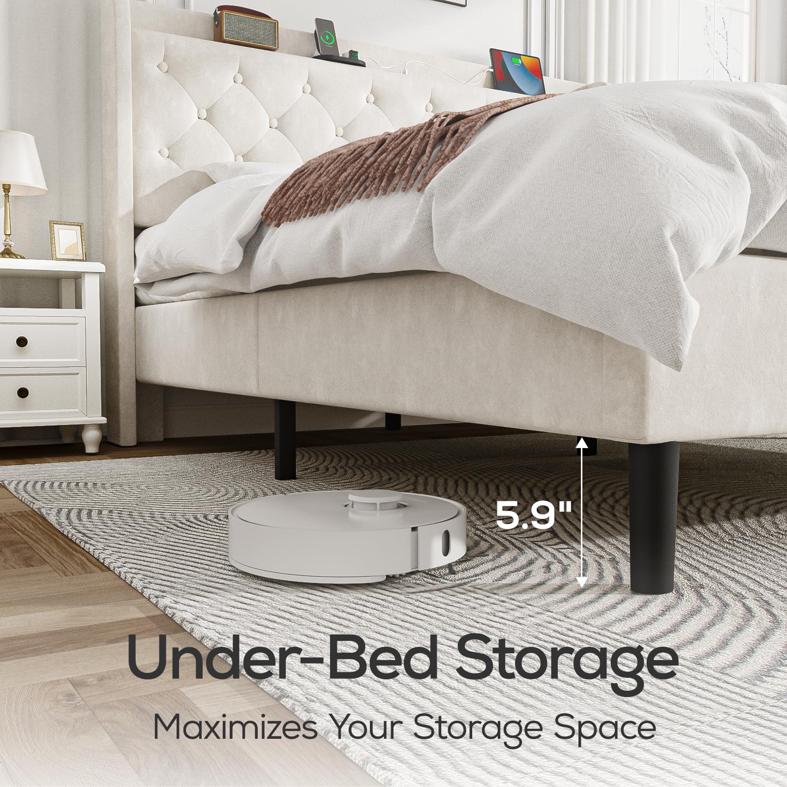 Beige Queen Bed Frame with Charging Ports & Upholstered Platform