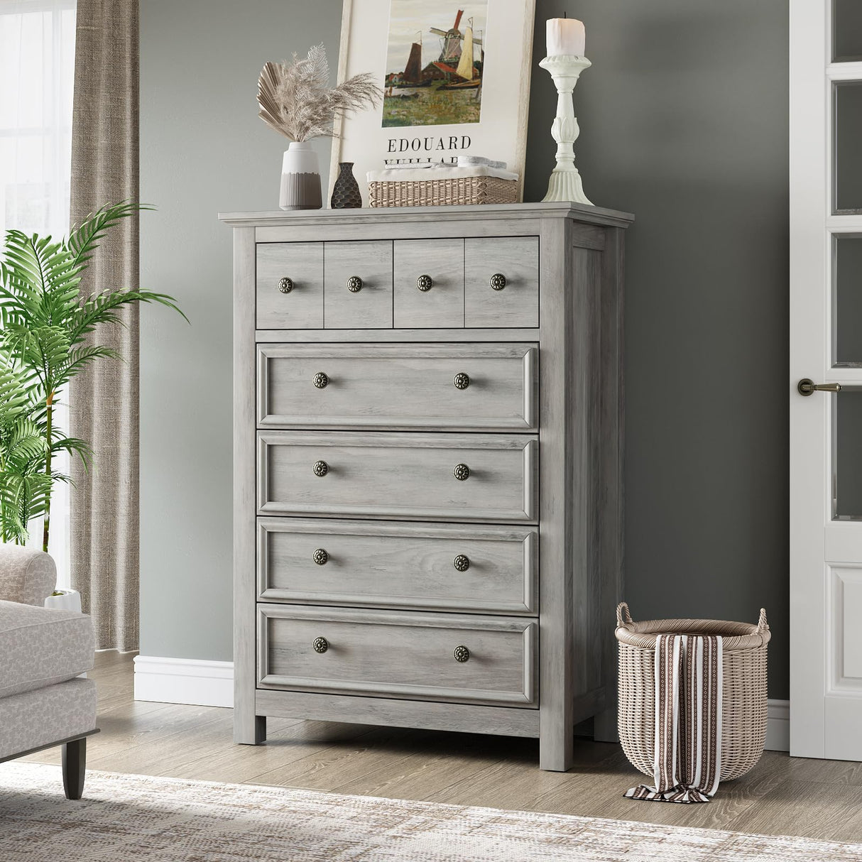 Farmhouse 6 Drawers Dresser Chest, 45" Tall Dressers for Bedroom