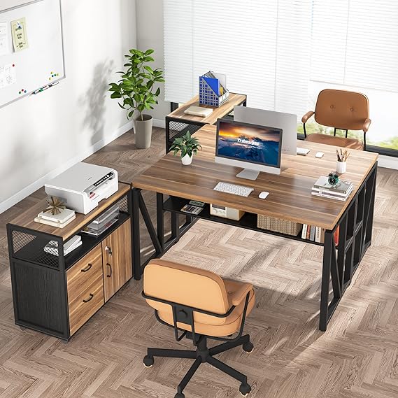 55-Inch L Shaped Office Desk with Drawers & Storage Shelves