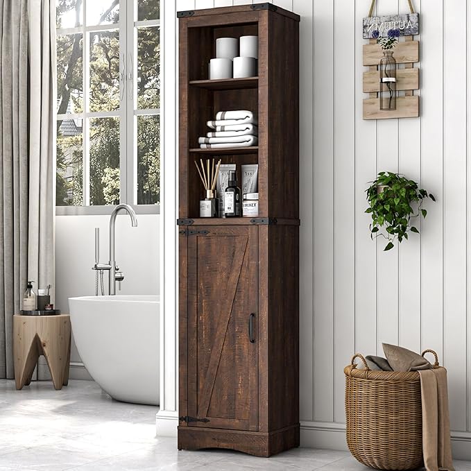 68" Tall Farmhouse Bathroom Storage Cabinet, 5-Shelf Storage Cabinet