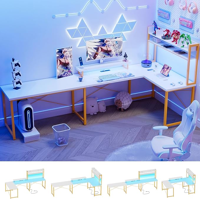 DIY U Shaped Computer Desk with Hutch, Reversible L Shaped Office Desks