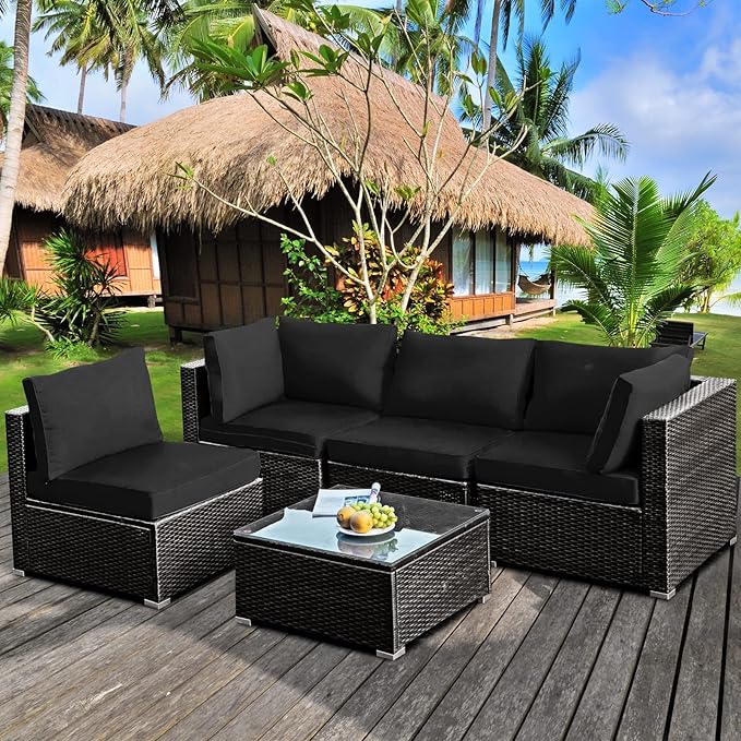 5-Piece Outdoor Patio Furniture Set - Rattan Wicker Sectional Sofa with Coffee Table & Cushions
