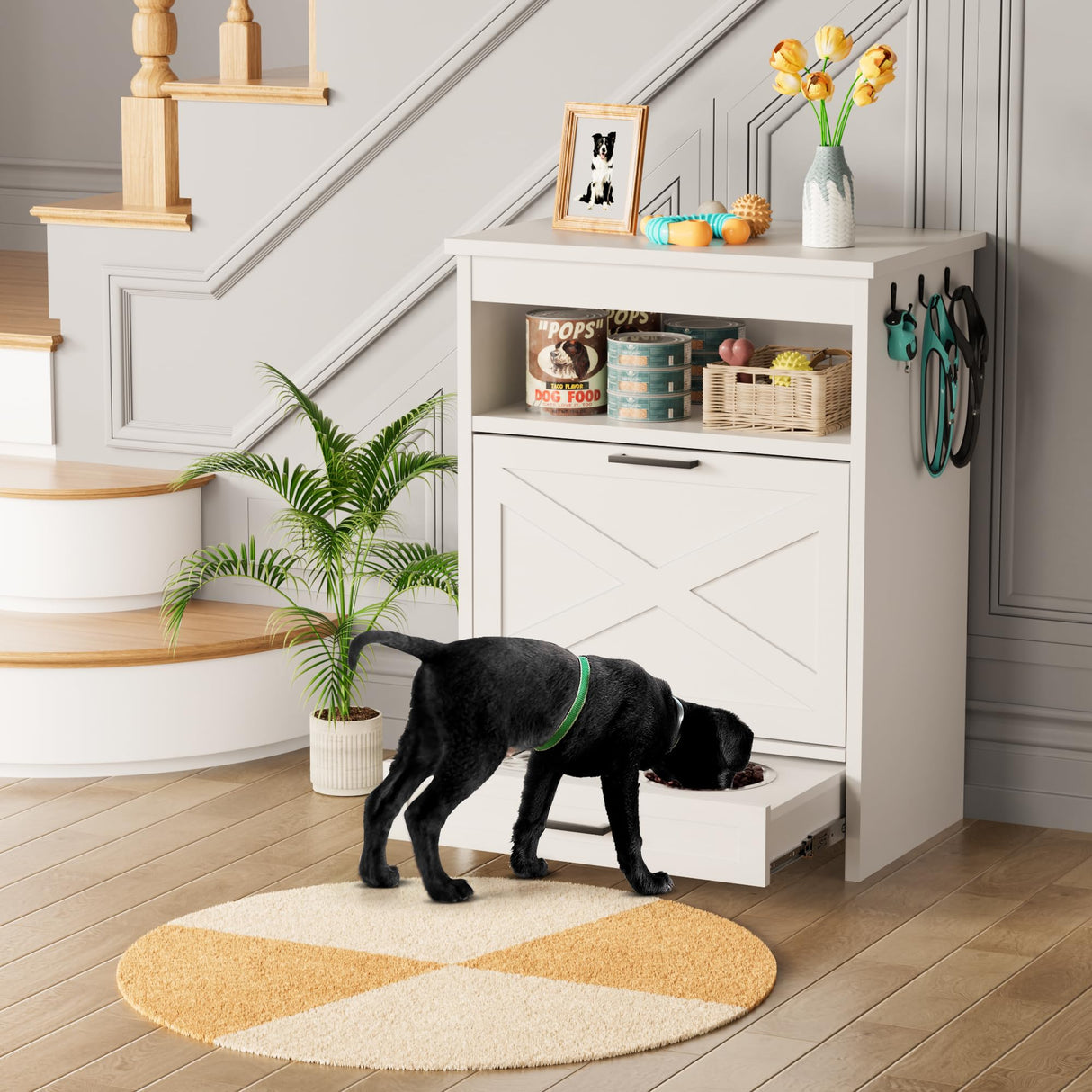 Dog Food Storage Cabinet with Elevated Bowls