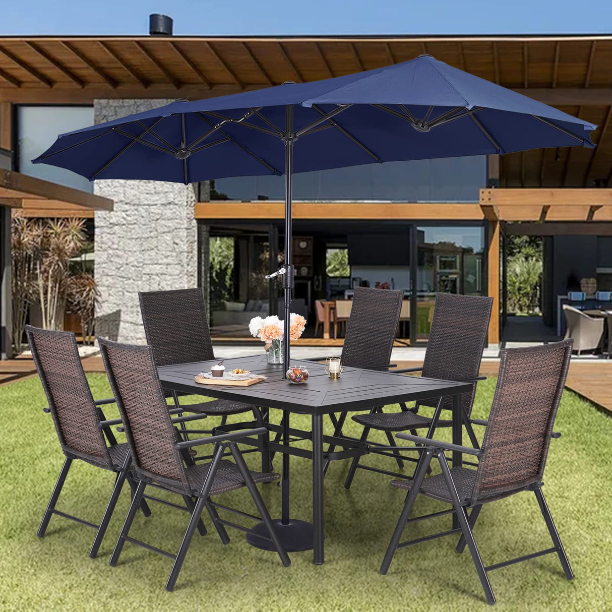 8 Pieces Patio Furniture Set with 13 ft Navy Double-Sided Umbrell
