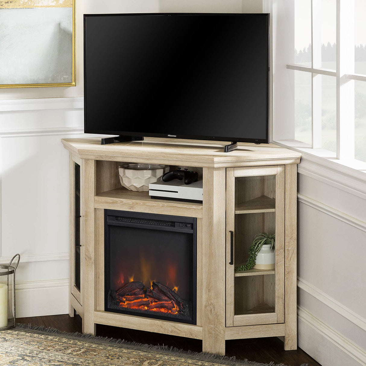 Classic Glass Door Fireplace Corner TV Stand for TVs up to 55 Inches, 48 Inch, White Oa