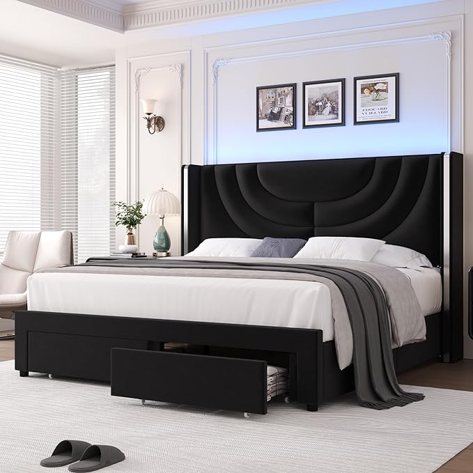 Queen Upholstered LED Bed Frame with 2 Storage Drawers