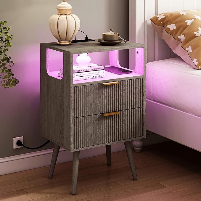 Black Nightstand with Charging Station