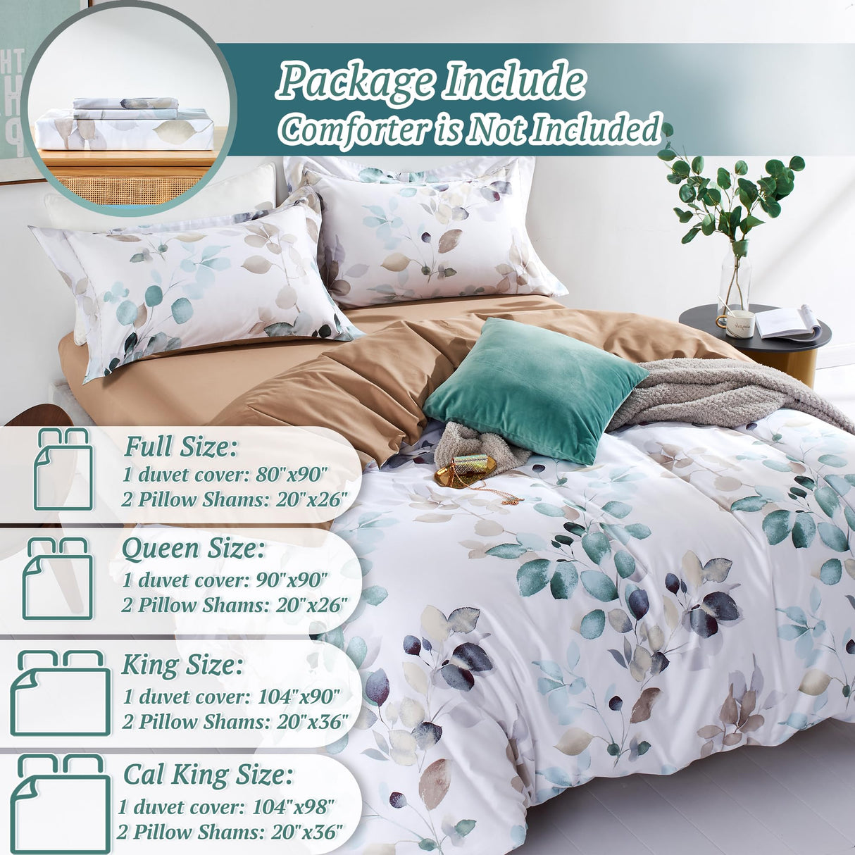 MILDLY 100% Long-Staple Cotton Duvet Cover Set, Gradient Teal Leaves Pattern Bedding Set 3pcs, Ultra Soft Breathable Chic Comforter Cover