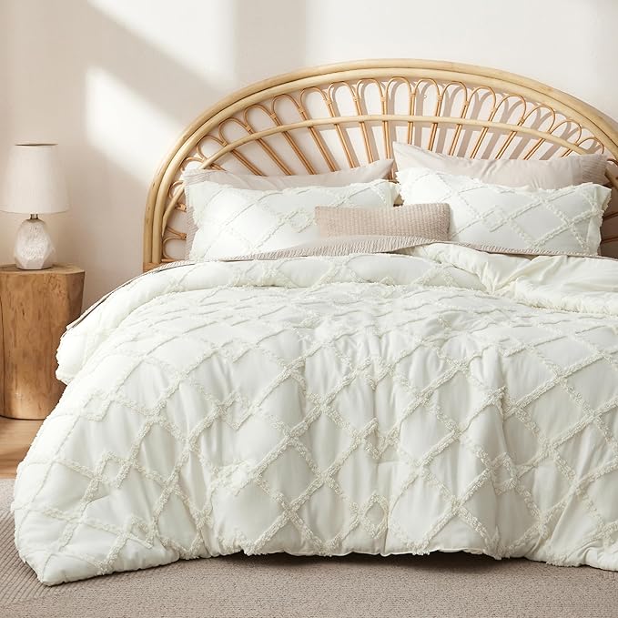 Boho Comforter Set Queen - White Tufted Bedding Comforter Set