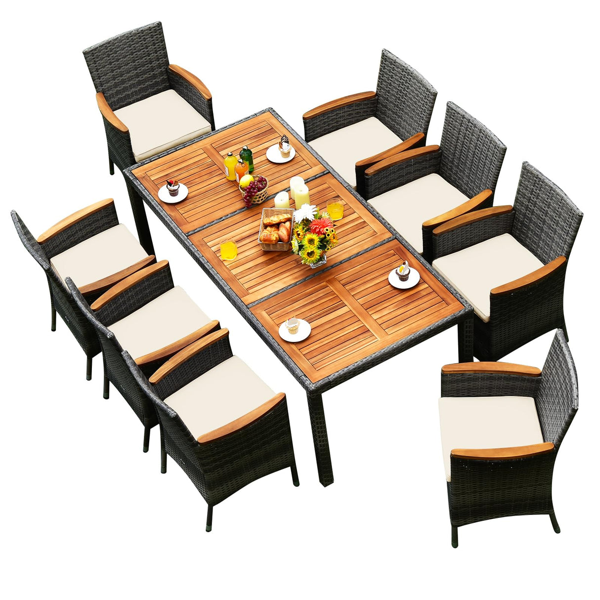 9PCS Patio Rattan Dining Set Acacia Wood Table Cushioned Chair Mix Gray