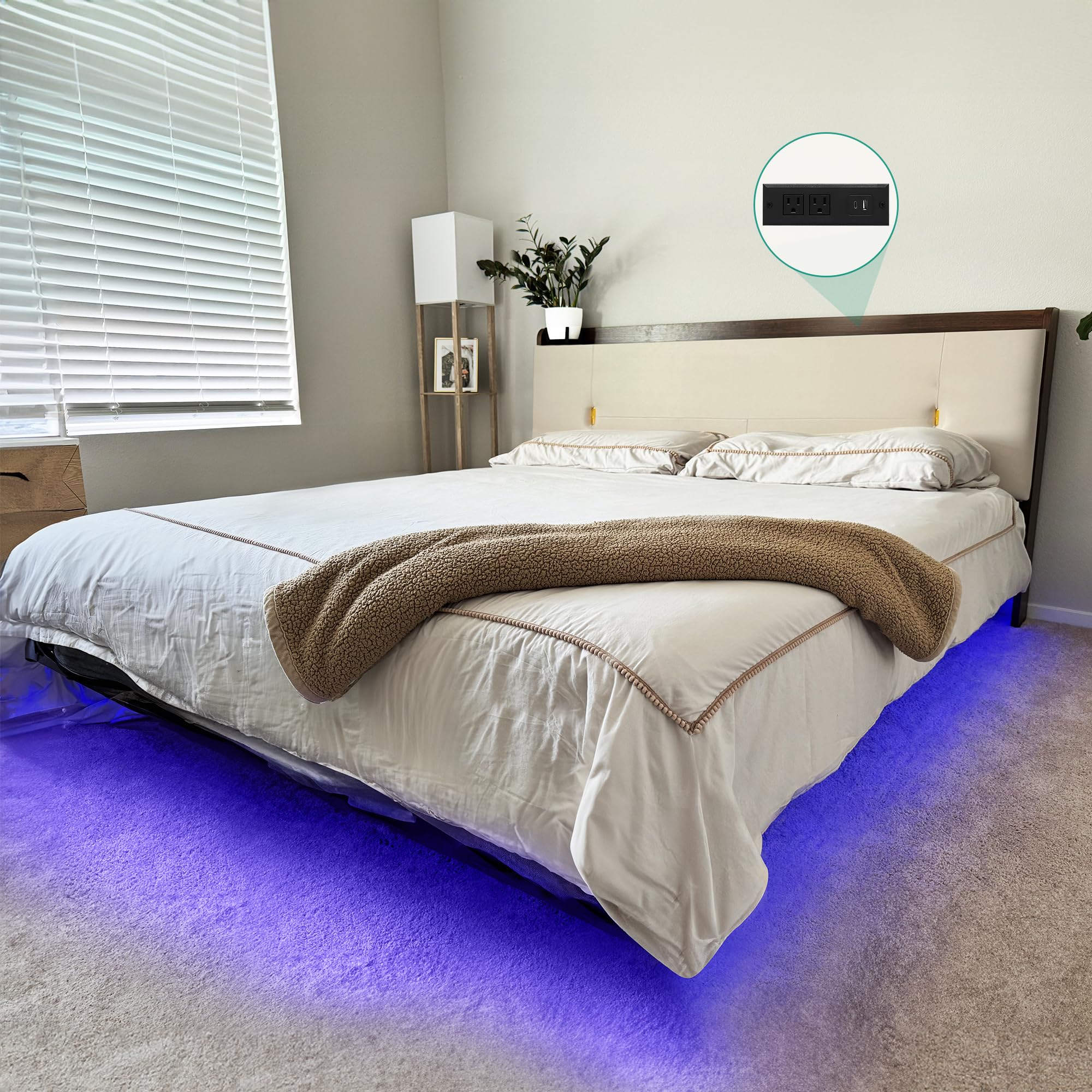 YITAHOME Queen Size Floating Bed Frame with RGB LED Lights Storage Headboard, Upholstered Platform Bed with USB-C/A Charging Station, No Box Spring Required, Light Gray (Beige)