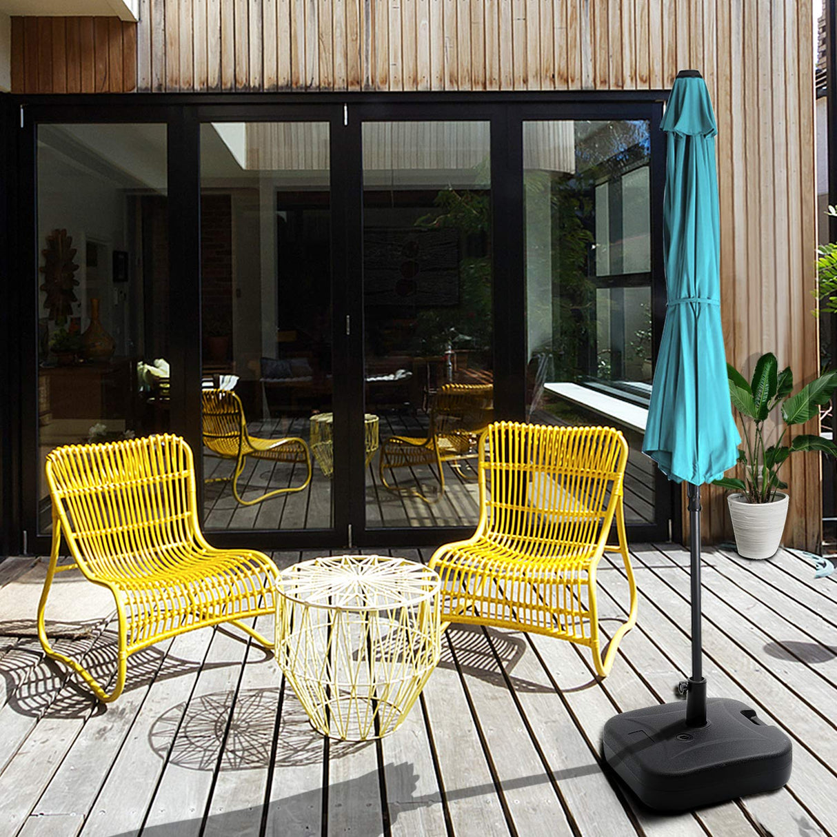 VredHom 53lbs Patio Umbrella Base Stand, Outdoor Market Umbrella Stand with Carry Handle,Water/Sand Filled Holder Plastic Square Weighted Base,Heavy Duty Umbrella Holder, for Lawn, Garden, 24L