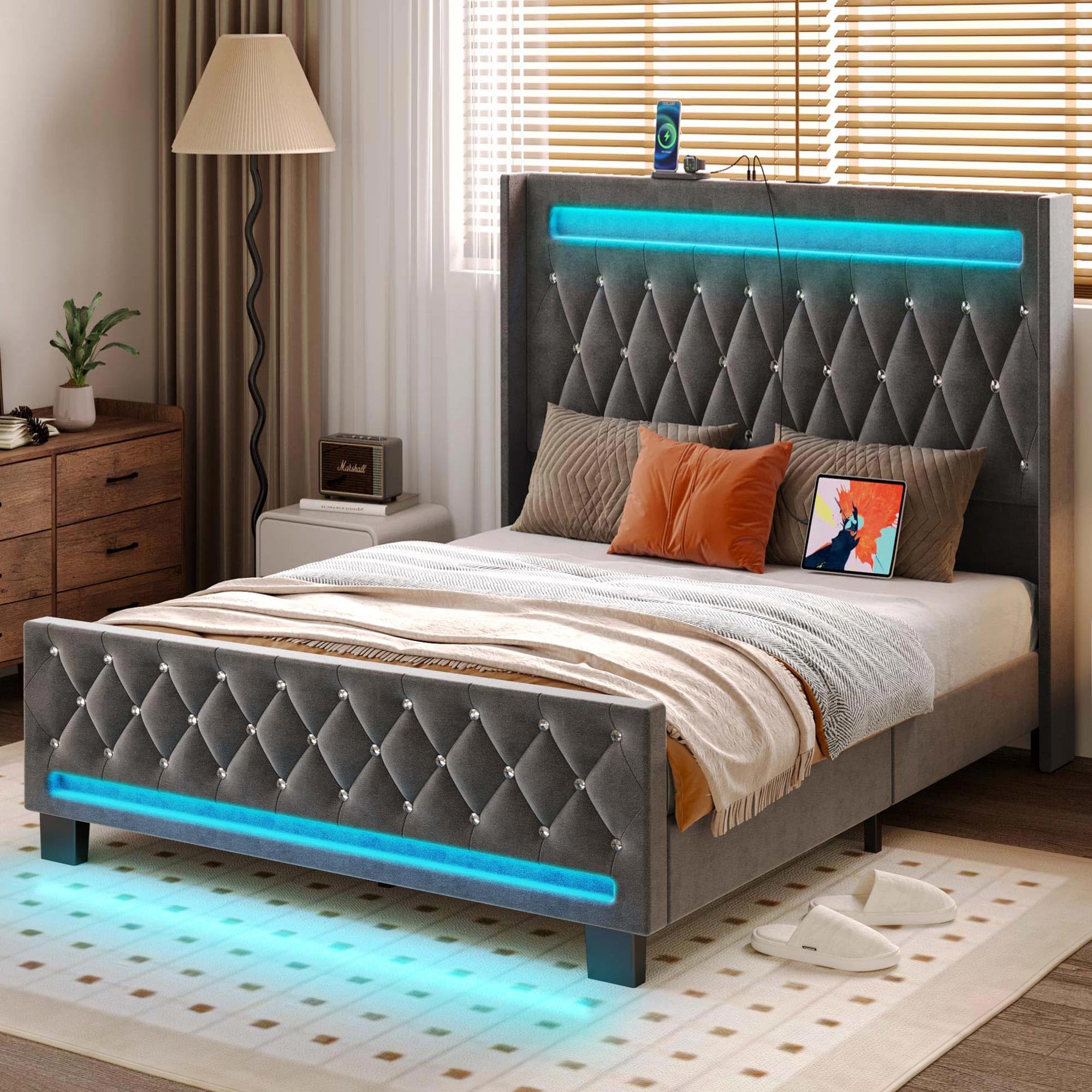 Rolanstar Full Bed Frame with LED Light and Charging Station, Upholstered High Headboard and Footboard, Wood Slats, Noise Free, Easy Assembly, Grey