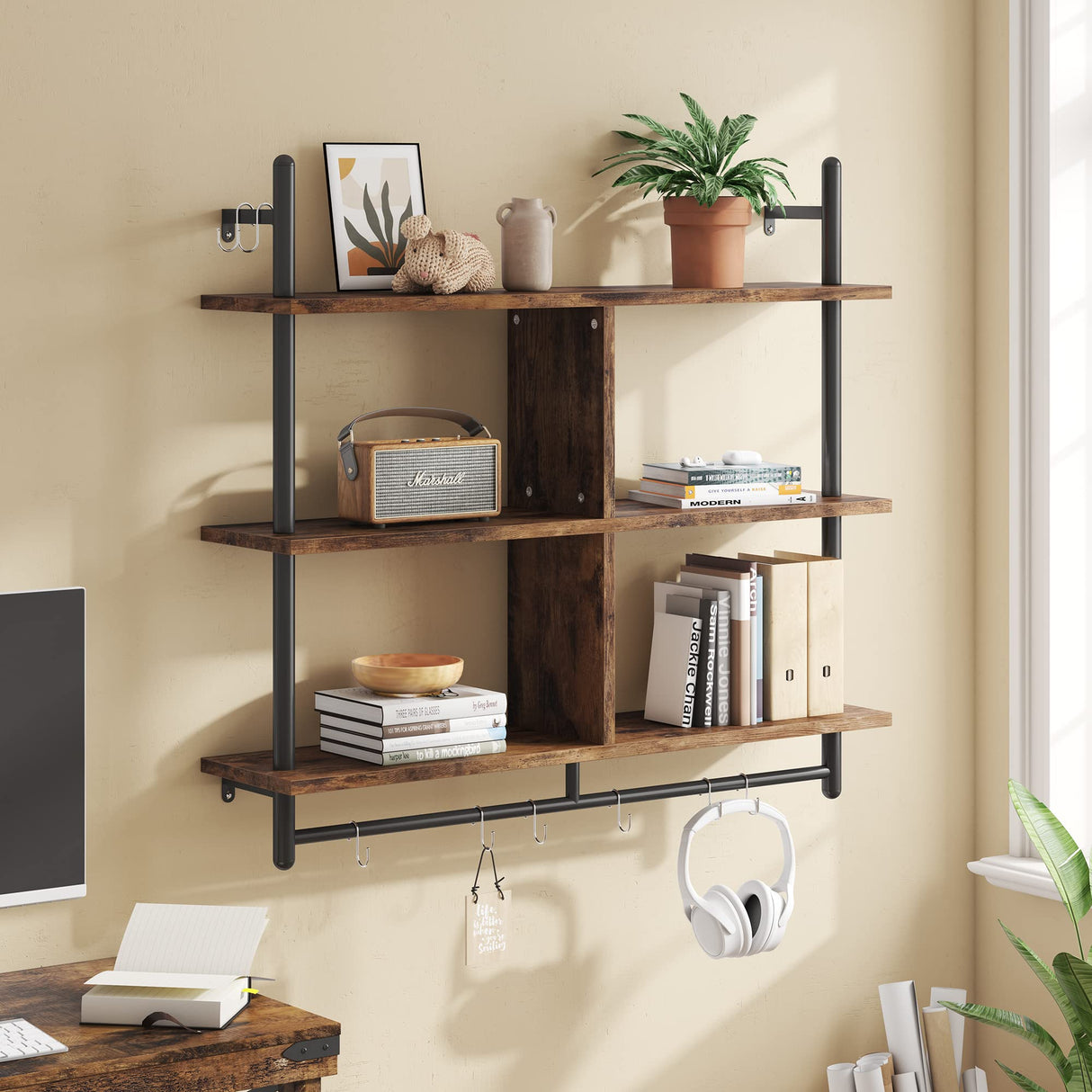 Floating Pipe Shelving Kitchen Shelves Wall Mounted 3 Tier Ladder Coffee Bar Shelf 3 Tier