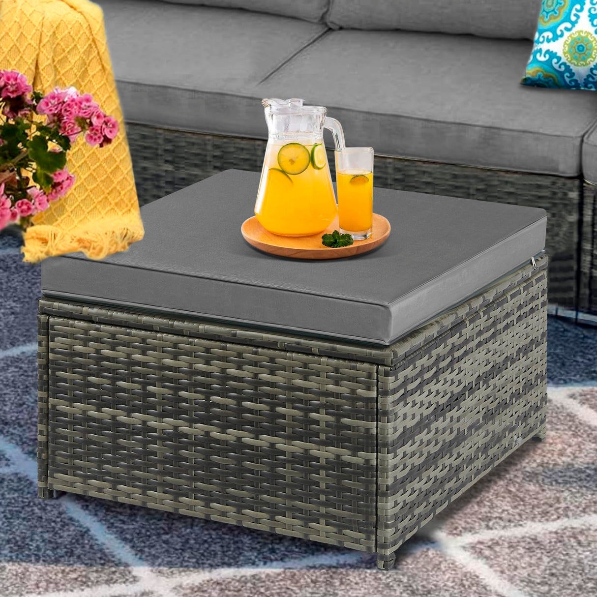 Outdoor Patio Ottoman PE Rattan Footstool All Weather Outdoor
