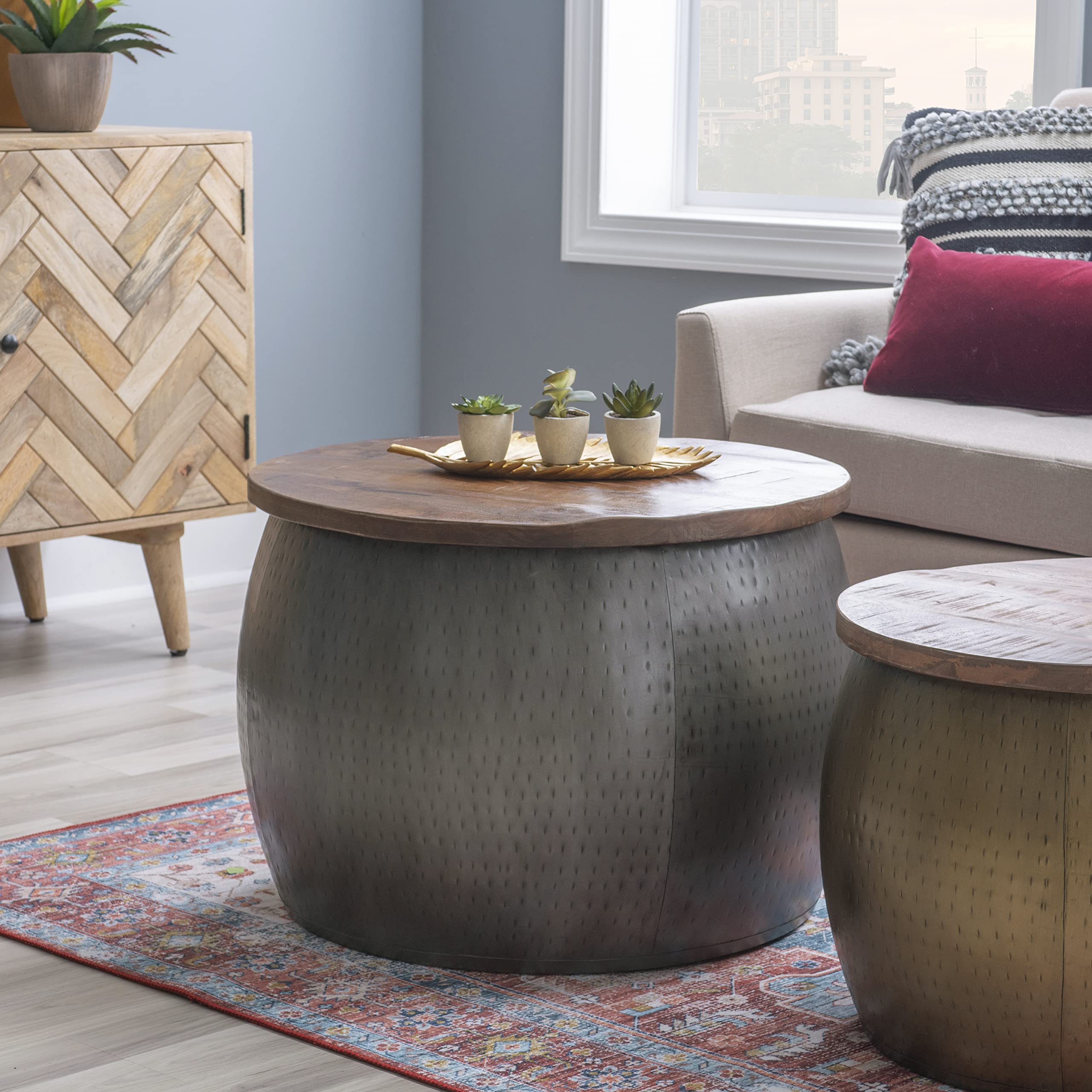 Hammered Silver Drum with Natural Wood Lift Top for Storage Janice Table