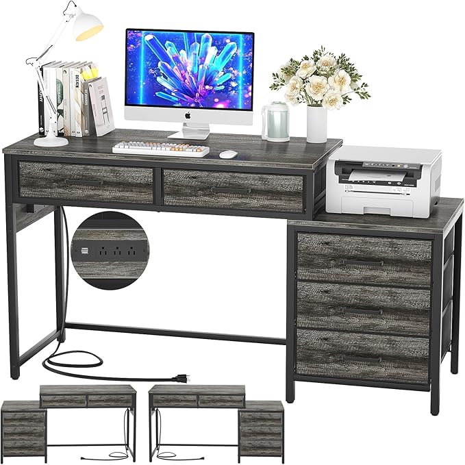 L Shaped Gaming Desk, Large Corner Computer Desk with Power Outlets and USB Ports, Sturdy Home Office Table with Storage Shelf, Attractive Grid Design Writing Desk, Black Oak