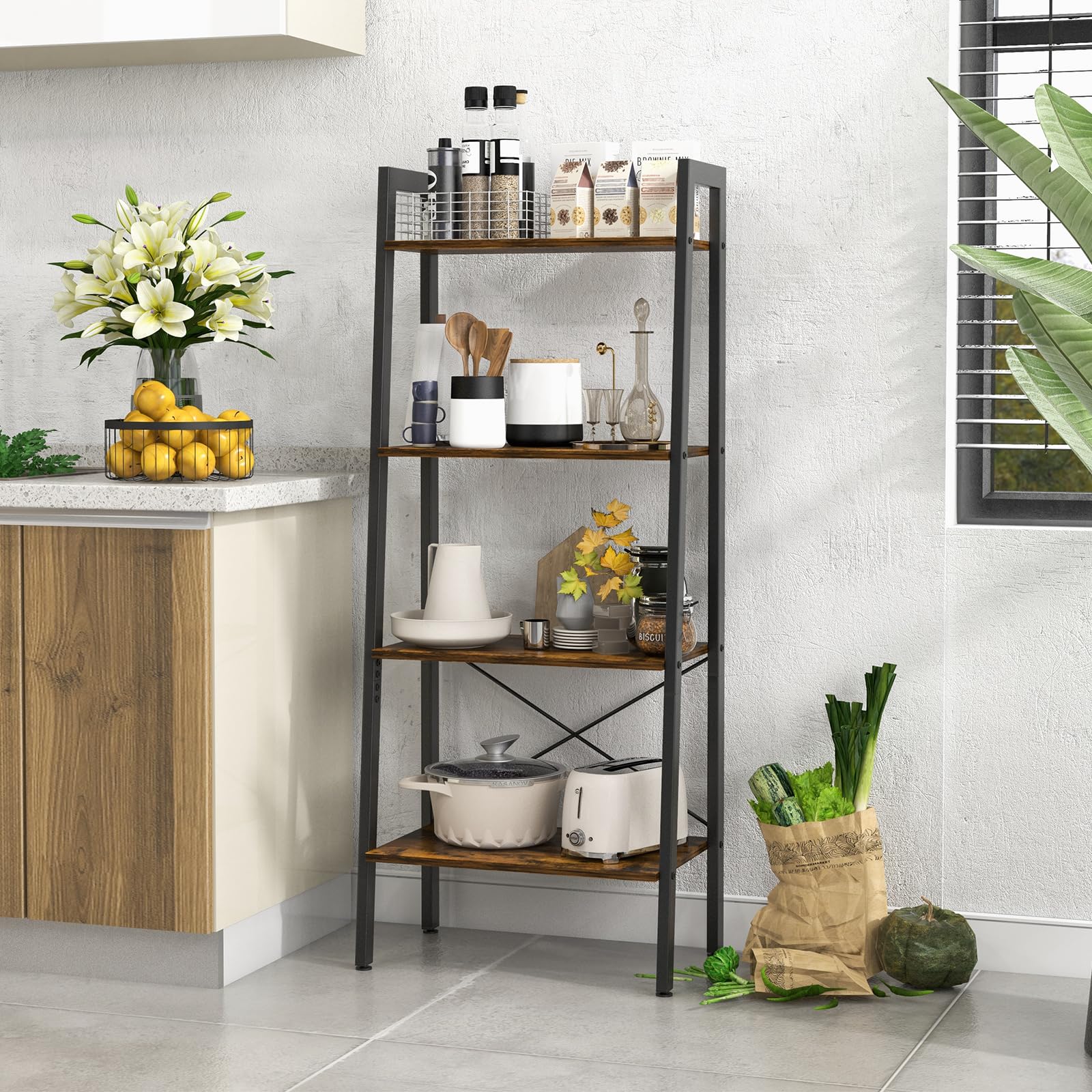 Ladder Bookshelf, 4-Tier Industrial Wood Bookcase w/Metal Frame, Anti-Toppling Device