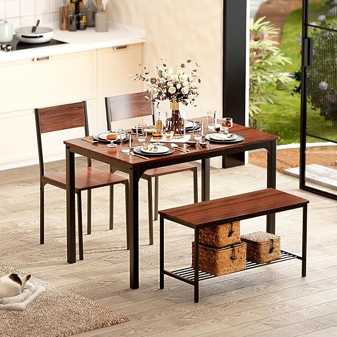 4-Piece Kitchen Dining Table Set with 1 Bench and 2 Chairs, Kitchen Bench Table Set for 4,