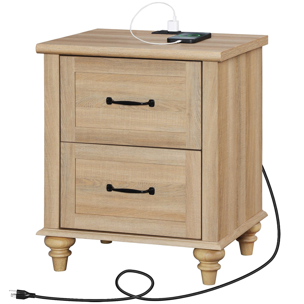Nightstand Side Table with Charging Station, Light Wood End Table