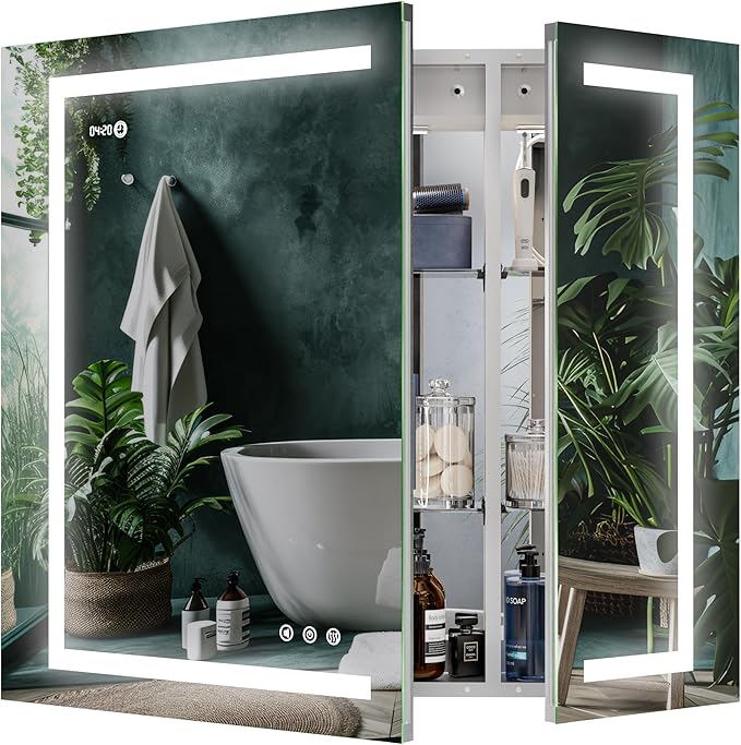 Lighted Medicine Cabinet Front & Backlit Dimmable Colours, Clock & Temp, USB Outlets