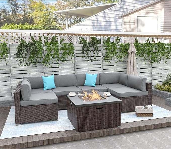 Outdoor 7 Pieces Sectional Sofa w Fire Table, Dark Brown Rattan Patio Furniture w 32-inch